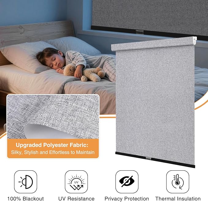 AOSKY No Drill Cordless Blackout Roller Shades with Valance,Customize Blinds for Indoor Windows,Room Darkening Window Shades Pull Down with Free-Stop Spring System, UV Protection for Home Heather Grey