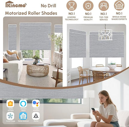 Kincmo No Drill Motorized Blinds with Remote, 100% Blackout Roller Shades for Windows, Custom Electric Blinds Compatible with Alexa, Apple Homekit, Google Home (100% Blackout Weave Grey)