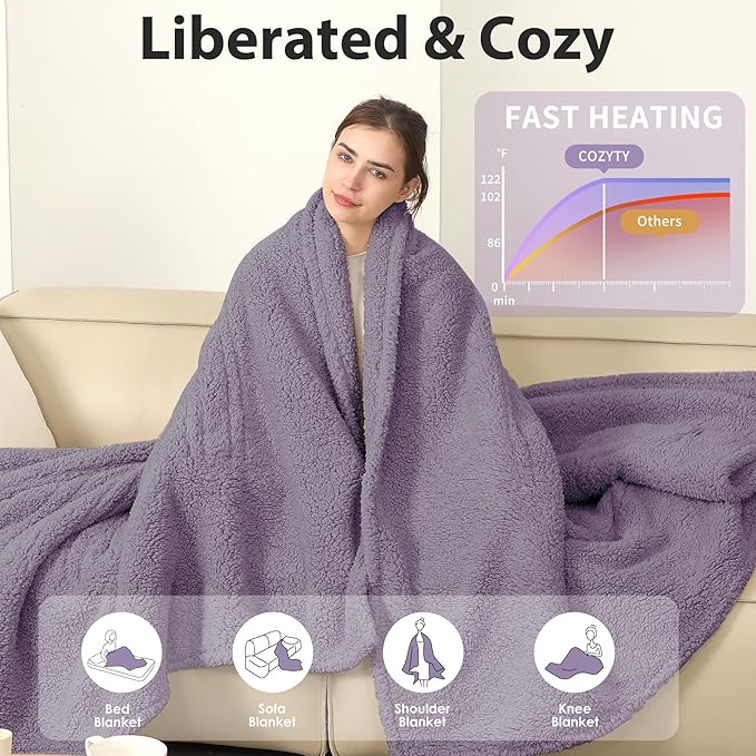 Dual Control Electric Blanket King 100"x90" - 5 Heating Levels 10H Auto Off Oversized - Luxury Purple Bedding for Spacious Rooms, ETL Certified | Gray Violet