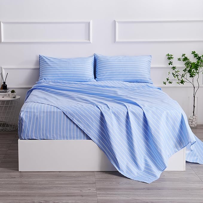 Queen Size Sheets Blue White Stripe 4 Piece Breathable & Cooling Bed Sheet Set - Hotel Luxury Bedding for Women, Men, Kids, Teens, Boys & Girls - Deep Pockets, Soft, Wrinkle Free - Blue Stripes