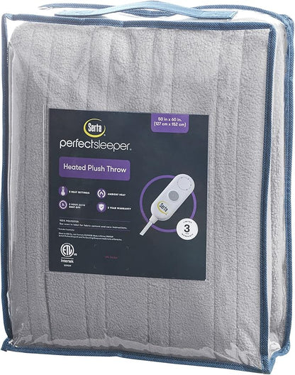 Serta Heated Throw Blanket - Reversible Fleece to Sherpa Electric Blanket, Fast Heating, Auto Shut Off Timer, Multi Heat Setting, ETL Certified, Machine Washable, Smoke Grey 50"x 60"