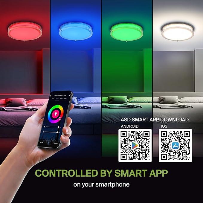ASD LED 14" Round Flush Mount Lighting, Close to Ceiling Light Fixture | Smart, Multicolor, Dimmable, ETL Listed | 21W 1429LM RGB-2700-6500K 120V | Low Profile Double Ring Lamp | Nickel