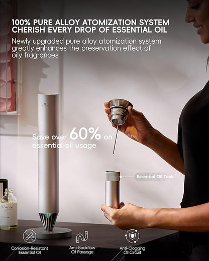 Waterless Scent Diffuser Starter Kit - 1500 Sq Ft Coverage, Alloy Atomization System,Mood Light,Smart Rechargeable Hotel Scent Diffuser, Including 120ml Essential Oil, for Home,Large Room,Spa,Silver