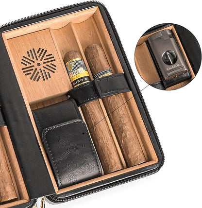 Portable Cigar Humidor Travel Case, Leather & Wood Cigar Box with Humidifier for 6 Cigars, Ideal for Travel and Desktop Storage, Compact and Durable Design (black)