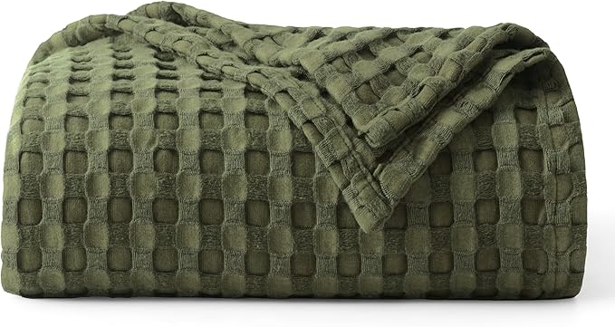 Bedsure Cooling Cotton Waffle Weave Throw Blanket - Lightweight Breathable Blanket of Rayon Derived from Bamboo for Hot Sleepers, Luxury Throws for Bed, Couch and Sofa, Olive Green, 50x70 Inches