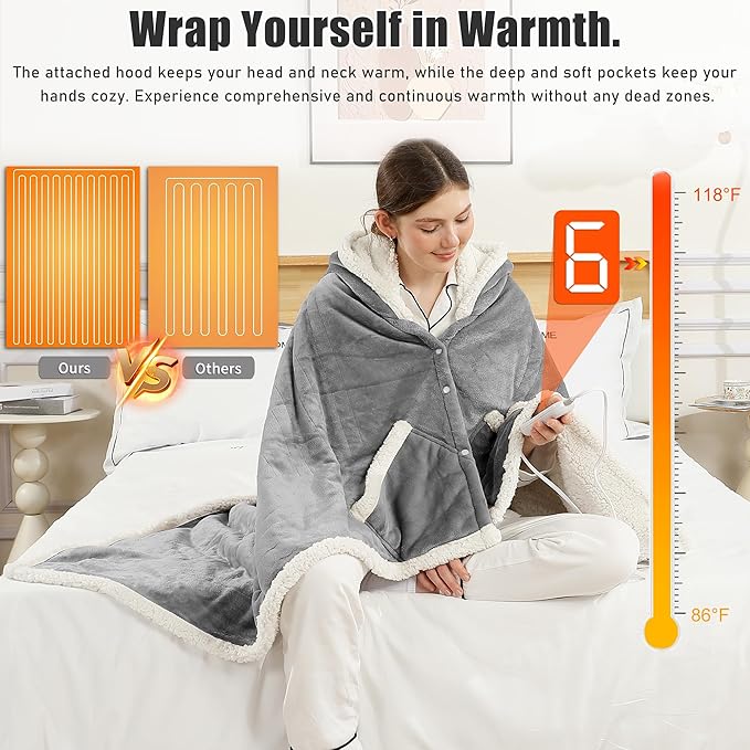 Heated Blanket Wearable Shaw - Electric Wrap Poncho Heated Throw Blanket with Hand Pockets, 50 * 64", 6 Heating Levels & 1-4H Timer, Ideal for Family, Light Grey