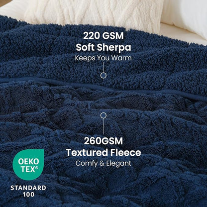 Weighted Blanket 15lbs Sherpa Weighted Blanket with Classic Jacquard Pattern, Heavy Soft Full Size Weighted Blankets for Adults to Sleep Natural, Sofa Couch Bed Blanket, Navy Blue, 48 * 72 15lbs