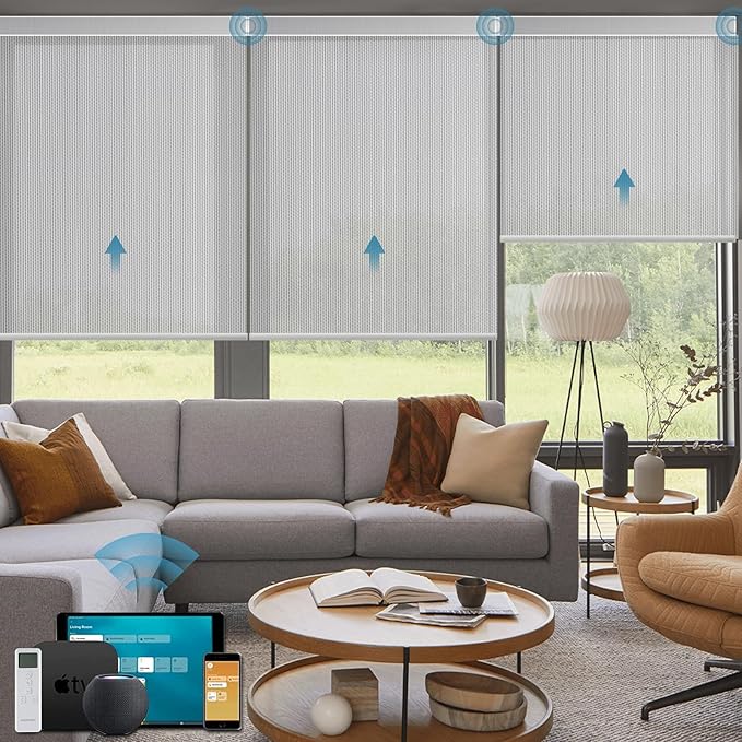 Motorized Light Filtering Roll Shades Work with HomeKit,Smart Blinds for Windows, Electric Blinds with Remote, APP/Voice Control, Automatic Solar Shades,1% Openness Aventus Light Grey