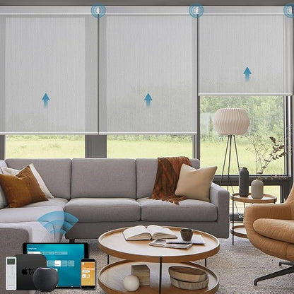 Motorized Light Filtering Roll Shades Work with HomeKit,Smart Blinds for Windows, Electric Blinds with Remote, APP/Voice Control, Automatic Solar Shades,1% Openness Aventus Light Grey