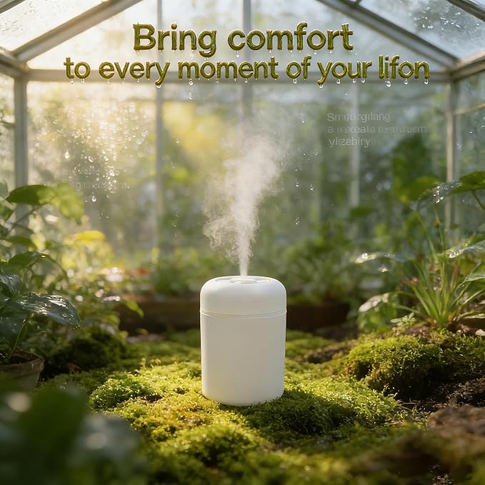 300ml Portable Mini Cool Mist Humidifier with Colorful Lights, USB-Powered for Bedroom, Office, Plants, Travel & Car (White)