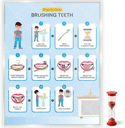 Brushing Teeth with Timer Chart Step by Step Laminated 9x12 Inch for Children Self Care Visual Chart Ideal for Special Needs and Autism (Brushing Teeth Chart with Sandtimer - English)
