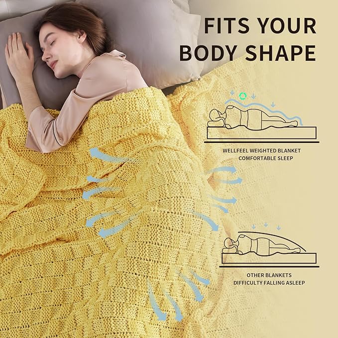 Knitted Weighted Blanket for Adult, No Beads Heavy Blanket 60” x 80'' 12lbs, Breathable Chunky Knit Blanket, Cooling Weighted Blanket for Hot Sleepers, Christmas Home Decor (Yellow)