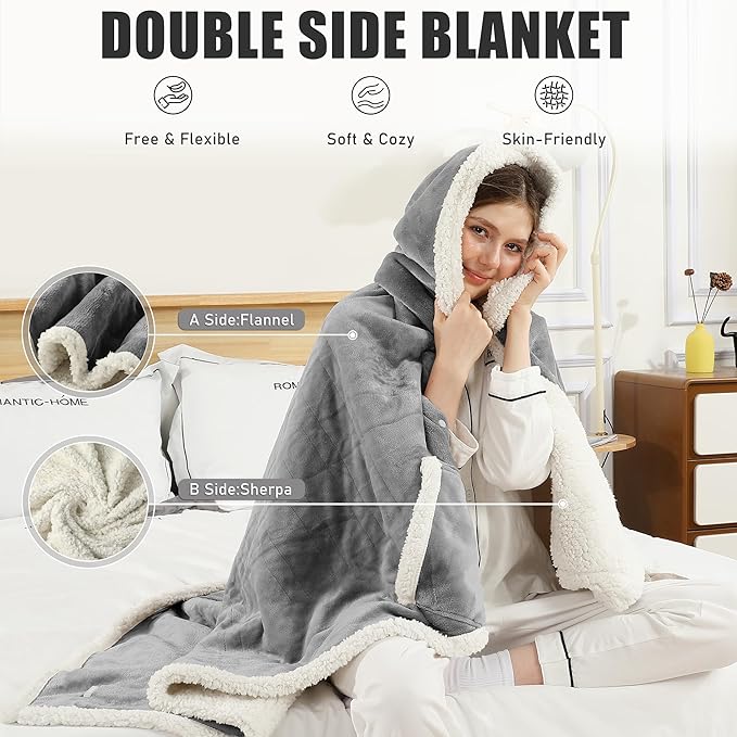 Heated Blanket Wearable Shaw - Electric Wrap Poncho Heated Throw Blanket with Hand Pockets, 50 * 64", 6 Heating Levels & 1-4H Timer, Ideal for Family, Light Grey