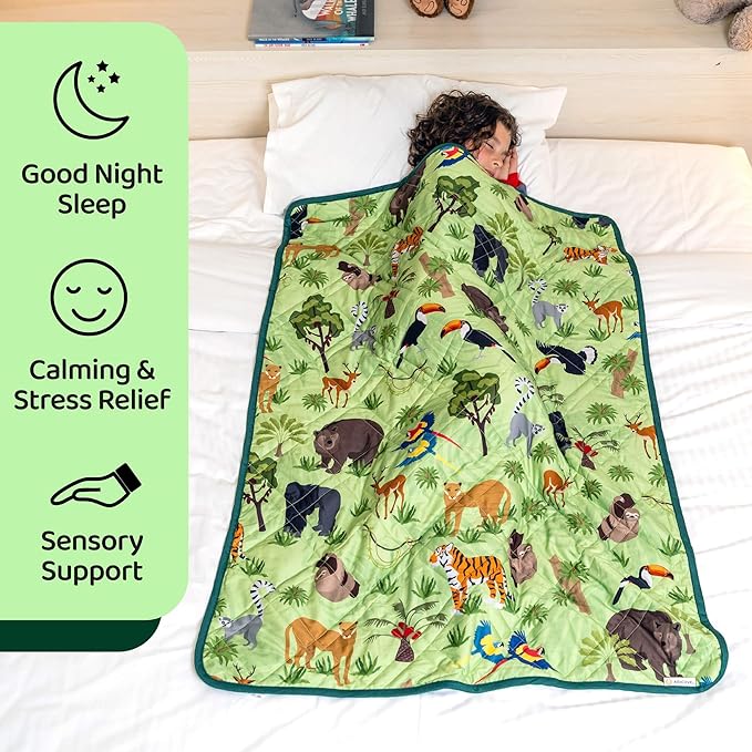 Aricove Kids Weighted Blanket, 5 lb, 36x48 inches, Small Size, Soft Cotton, Machine Washable, Green/Jungle Animals
