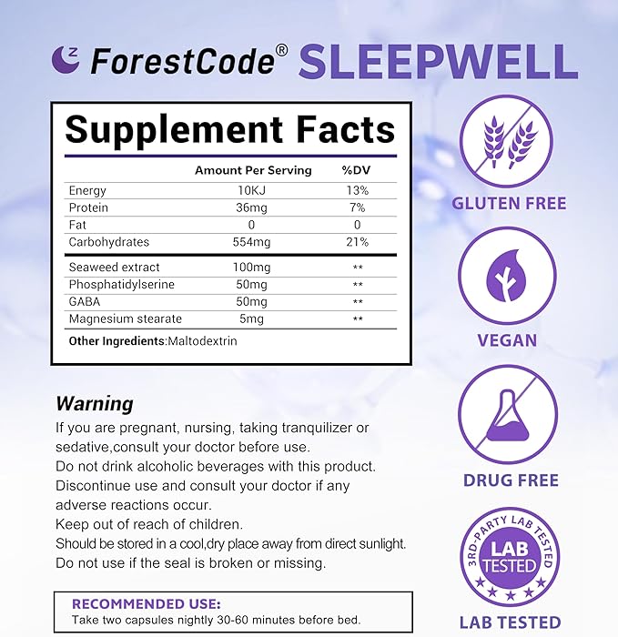 Melatonin-Free Sleep Aid for Adults with GABA & Seaweed Extract - Natural Supplement for Deep Sleep & Waking Up Refreshed, Stress Relief & Cognitive Support - Non-Habit Forming, 60 Capsules