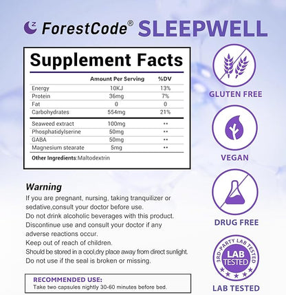 Melatonin-Free Sleep Aid for Adults with GABA & Seaweed Extract - Natural Supplement for Deep Sleep & Waking Up Refreshed, Stress Relief & Cognitive Support - Non-Habit Forming, 60 Capsules
