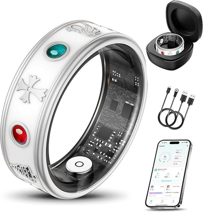 Smart Ring for Women,Fitness & Activity Tracker with Blood Oxygen/Heart Rate Monitor, Sleep Tracker, Step Counter, IP68 Waterproof Ring for iOS&Android, Fast Charge, No Subscription (Silver, Size8）