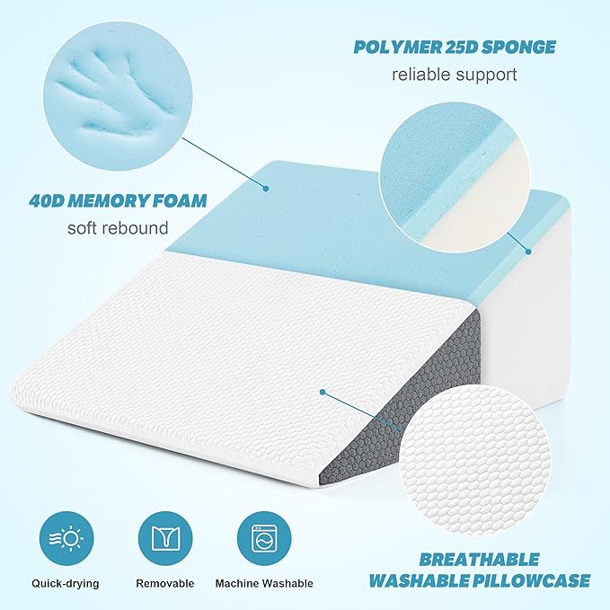 Yojoker Wedge Pillow for Sleeping - 10 Inch Bed Wedge for Headboard Triangle Pillow, Memory Foam Wedges for Acid Reflux, GERD, Snoring, Post Surgery Back Pain Relief, Leg Elevation, Washable Cover