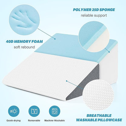 Yojoker Wedge Pillow for Sleeping - 10 Inch Bed Wedge for Headboard Triangle Pillow, Memory Foam Wedges for Acid Reflux, GERD, Snoring, Post Surgery Back Pain Relief, Leg Elevation, Washable Cover