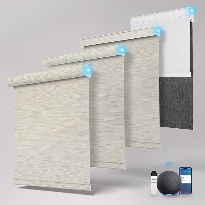 Motorized Blinds with Remote,Light Filtering Smart Roller Shades with App,Voice Control,Thermal Insulated Automatic Blinds,Electric Shades with USB/Solar Pannel.Filter Jacquard Beige