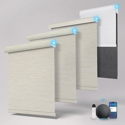 Motorized Blinds with Remote,Light Filtering Smart Roller Shades with App,Voice Control,Thermal Insulated Automatic Blinds,Electric Shades with USB/Solar Pannel.Filter Jacquard Beige