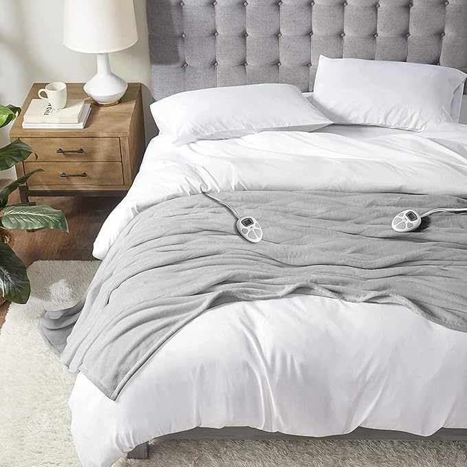 Serta Luxuriously Soft Plush Electric Blanket Fast Heating Cozy Cover, Safety Auto Shut Off Timer, Low EMF, Multi Heat Setting, ETL Certified, Machine Washable, Smoke Grey Queen (90 in x 84 in)