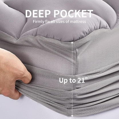 SLEEP ZONE Mattress Pad Cal King Cooling Mattress Topper, Quilted Fitted, Machine Washable, Soft Fluffy Down Alternative, Deep Pocket 8-21 inch, Grey