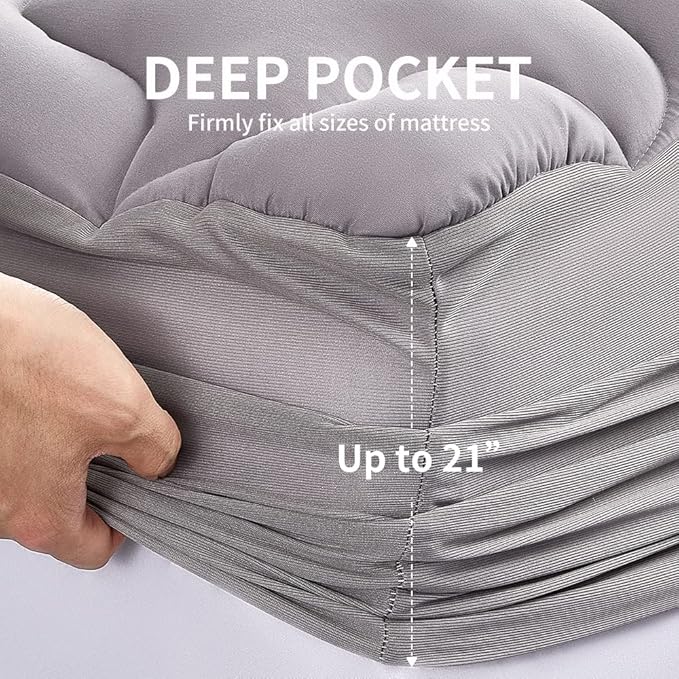 SLEEP ZONE King Size Mattress Pad, Cooling Mattress Topper, Quilted Fitted Mattress Cover, Machine Washable Mattress Protector, Soft Fluffy Down Alternative, Deep Pocket 8~21 inch (Grey, King)