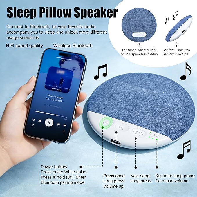 Sleep Pillow Speaker, Pillow Speaker with White Noise Timer Sleep Aid with Stereo Bass Private Sleep Headphones Under Pillow Speaker for Peaceful Nights (Style A)
