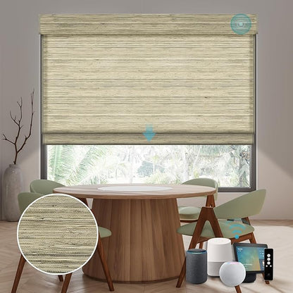 SmartWings Motorized Natural Woven Wood Shades for Windows Work with Matter Thread Homekit Z-Wave Alexa Google, 50%/70%/100% Blackout Electric Roman Shades Cordless with Remote, Customized, Kenaf 022