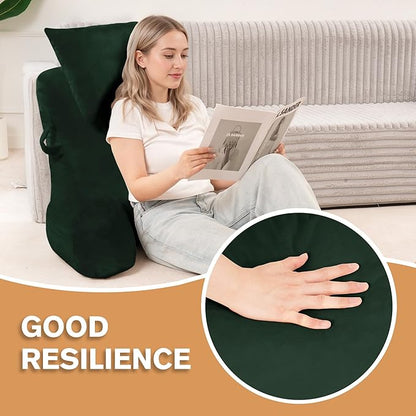 Portable Reading Pillows with Headrest for Bed Sitting Up(Dark Green Oeko-Tex), Velvet Back Pillow with Arms & Pockets for Adults, Support Memory Foam Bed Pillow for Dorm/Watching/Gaming