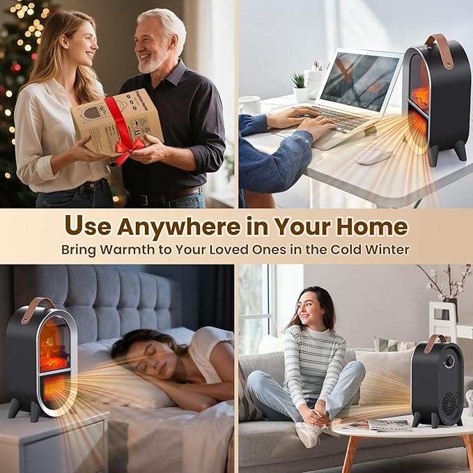 Portable Electric Fireplace Heater, 1500W/750W Mini Space Heater for Indoor Use with 3D Flame, Thermostat, Carry Handle, Overheat & Tipover Protection, for Home Office Bedroom Desk, Black