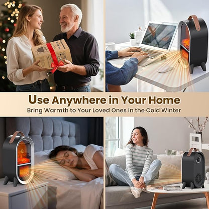 Portable Electric Fireplace Heater, 1500W/750W Mini Space Heater for Indoor Use with 3D Flame, Thermostat, Carry Handle, Overheat & Tipover Protection, for Home Office Bedroom Desk, Black