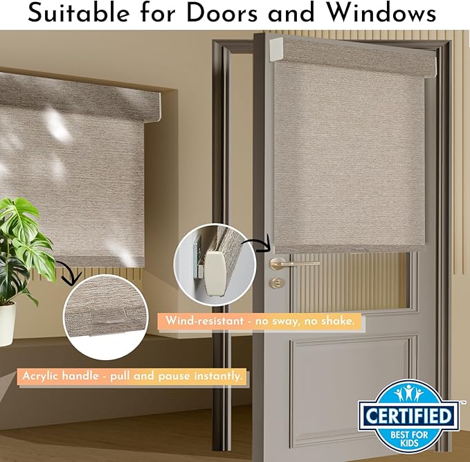 Persilux Light Filtering Roller Shades for Window Blinds,Cordless,Linen Fabric,Thermal Insulated Fabric UV Protection Shades for Home,Office,Bedroom,Door,Light Filtering-Light Brown,29" W X 72" H