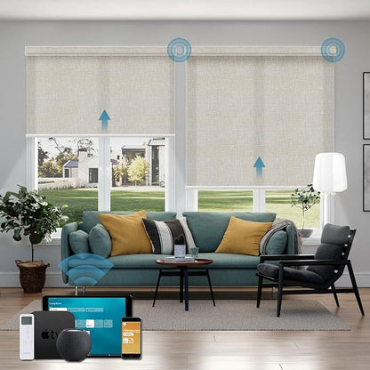 Motorized Light Filtering Roll Shades Work with HomeKit, 70% Blackout Smart Blinds for Windows, Electric Blinds with Remote, APP/Voice Control, Automatic Solar Shades, Texture Cream