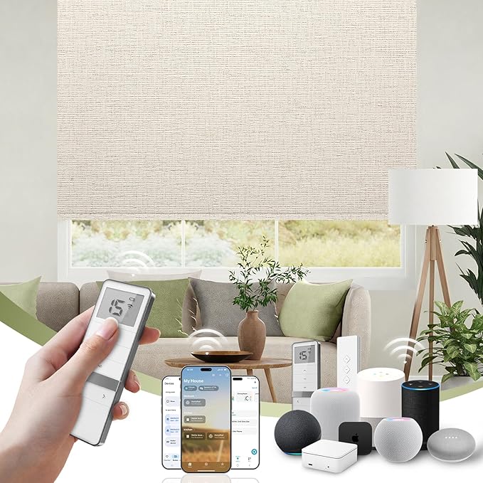 FineTell Motorized Blinds with Remote, 100% Blackout Roller Shades Compatible with Alexa,Apple Homekit,Google Home APP and Voice Control, Customized Electric Blinds (100% Blackout Classic Warm)