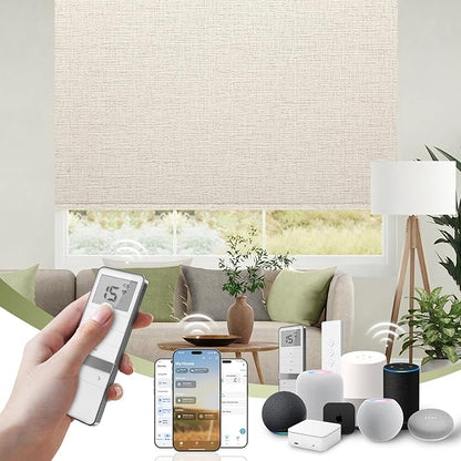 FineTell Motorized Blinds with Remote, 100% Blackout Roller Shades Compatible with Alexa,Apple Homekit,Google Home APP and Voice Control, Customized Electric Blinds (100% Blackout Classic Warm)