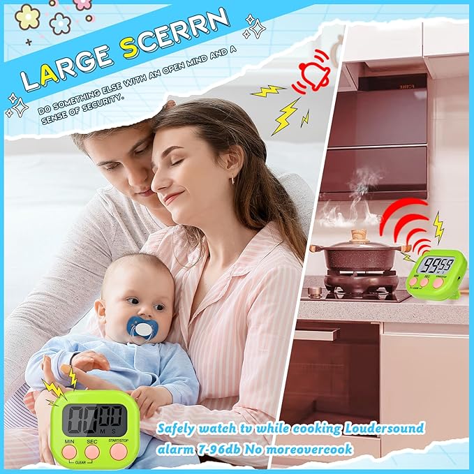 Mwellewm Digital Kitchen Timer 12 Packs Magnetic Classroom Stopwatch Timer 6 Colors Small Digital Countdown Timers for Cooking Mini Loud Alarm Stop for Kitchen Study Work Sports Games Office Clock