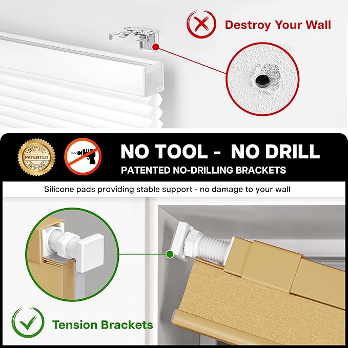 LazBlinds Cordless Cellular Shades, No Tools No Drill Blackout Honeycomb Shades Pleated Blinds for Windows, 35 1/2" W x 64" H, Yellowish-Brown