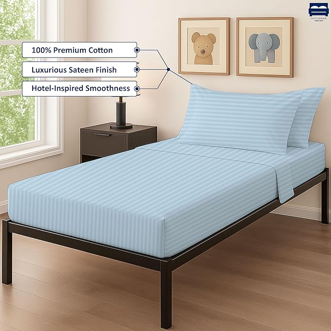Light Blue Stripe 4 Piece Cot Bed Linen Set - 1 Fitted Sheet 33" x 75", 1 Flat Sheet 64"x 94", 2 Pillow Cases 20"x 30" Perfect for Guest Beds