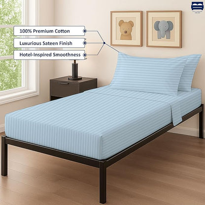 Light Blue Stripe 4 Piece Cot Bed Linen Set - 1 Fitted Sheet 33" x 75", 1 Flat Sheet 64"x 94", 2 Pillow Cases 20"x 30" Perfect for Guest Beds