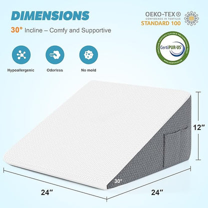 Yojoker Wedge Pillow for Sleeping - 12 Inch Bed Wedge for Headboard Triangle Pillow, Memory Foam Wedges for Acid Reflux, GERD, Snoring, Post Surgery Back Pain Relief, Leg Elevation, Washable Cover