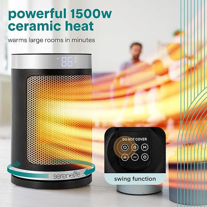 SereneLife Portable Space Heater – 1500W PTC Ceramic Electric Heater with Thermostat, Remote, 12-Hour Timer, 3 Heating Modes, Oscillation, Safe & Quiet for Home, Office, Bedroom (Black)