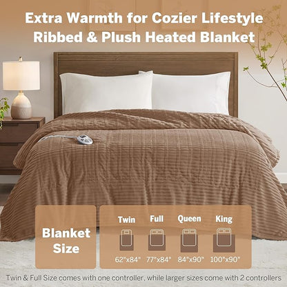 Serta Electric Blanket, Soft, Ribbed, Plush Heating Blanket Full for Office, Couch, 1-12 hr Auto Shut Off Timer, 10 Lv Heating, ETL Certified, Full 77"x84" Chestnut Brown