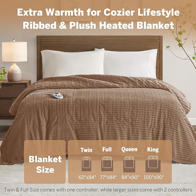 Serta Electric Blanket, Soft, Ribbed, Plush Heating Blanket Twin for Office, Couch, 1-12 hr Auto Shut Off Timer, 10 Lv Heating, ETL Certified, Twin 62"x84" Chestnut Brown