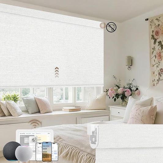 Kincmo No Drill Motorized Blinds with Remote, 100% Blackout Roller Shades for Windows, Custom Electric Blinds Compatible with Alexa, Apple Homekit, Google Home (100% Blackout Dreamy White)