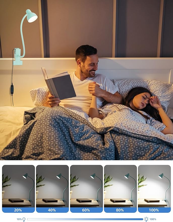 Clip on Reading Light for Bed 3 Color Modes, 10 Brightness Dimmable, Flexible Gooseneck Clip on Lamp, Eye Care Clip Light for Bed Headboard Desk Home Dorm Teal