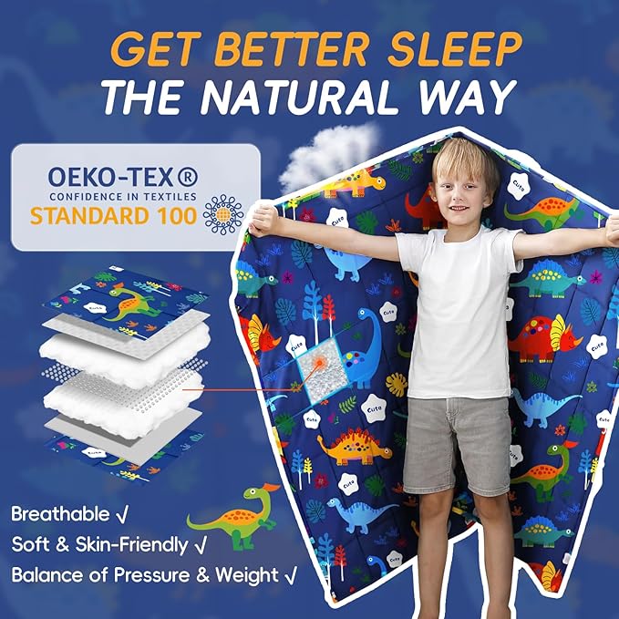 ROKDUK Weighted Blanket 3 lbs 36x48 in Breathable Blanket with Glass Beads Soft Heavy Blanket Throw Blue Dinosaur for 25-45 lbs All Season