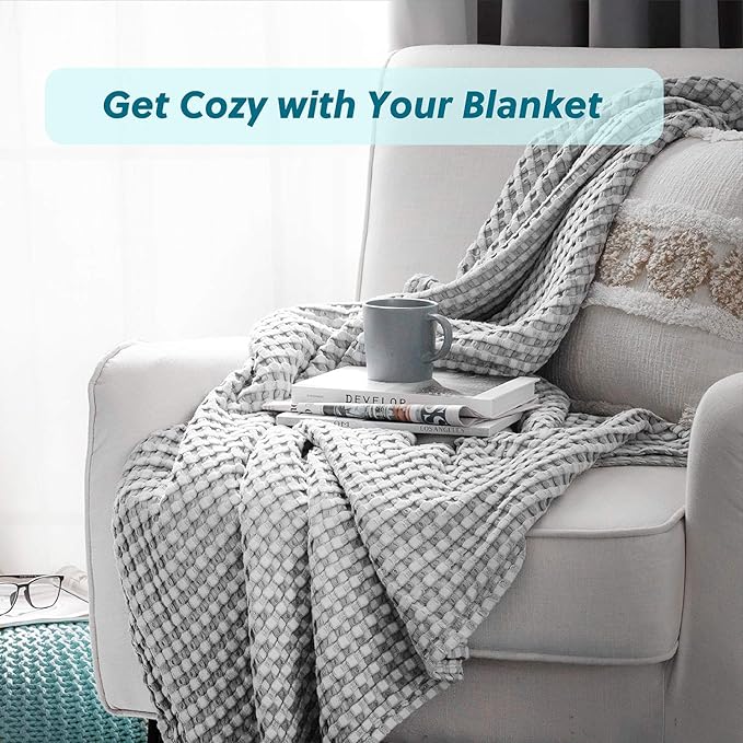 Bedsure Cooling Cotton Waffle Queen Size Blanket - Lightweight Breathable Blanket of Rayon Derived from Bamboo for Hot Sleepers, Luxury Throws for Bed, Couch and Sofa, Grey, 90x90 Inches