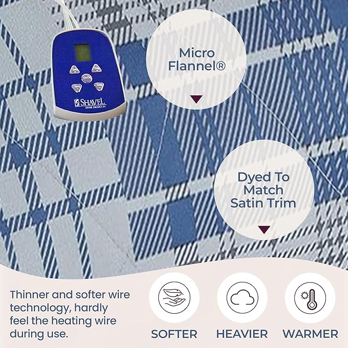 Thermee Micro Flannel Heated Blanket Queen Size, 10 Settings, Programmable, Luxuriously Soft, Rapid Heating, Warm - Ultramarine Plaid